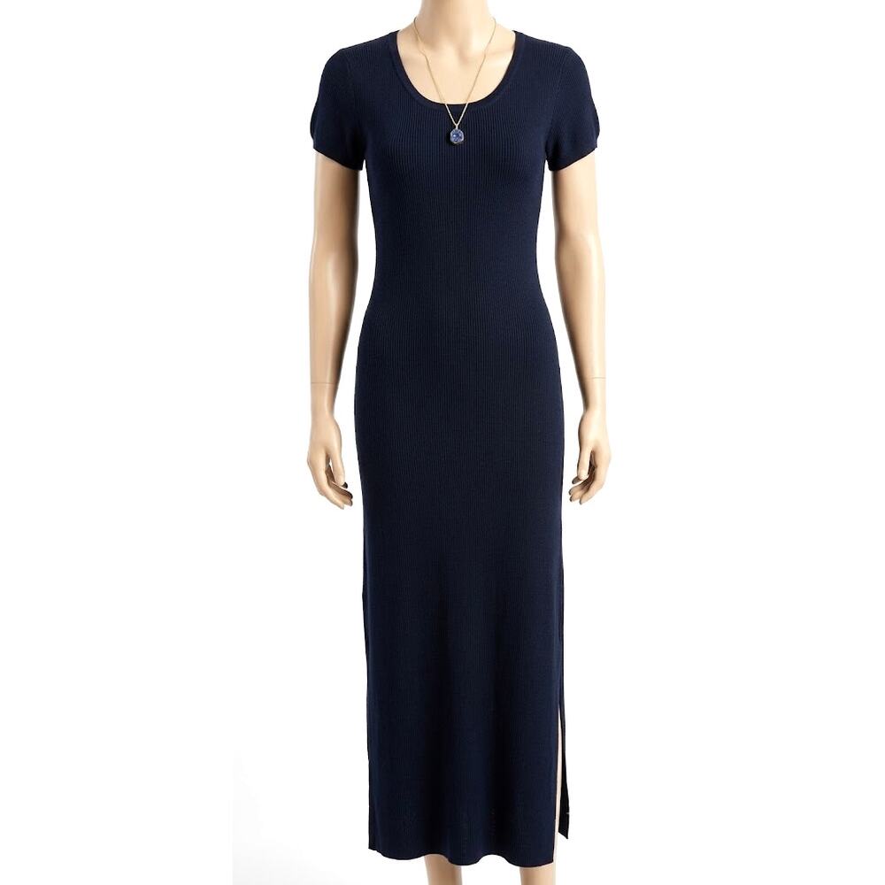 Adrienne Vittadini Knit Maxi Dress Short Sleeve Navy Blue Scoop Neck Small